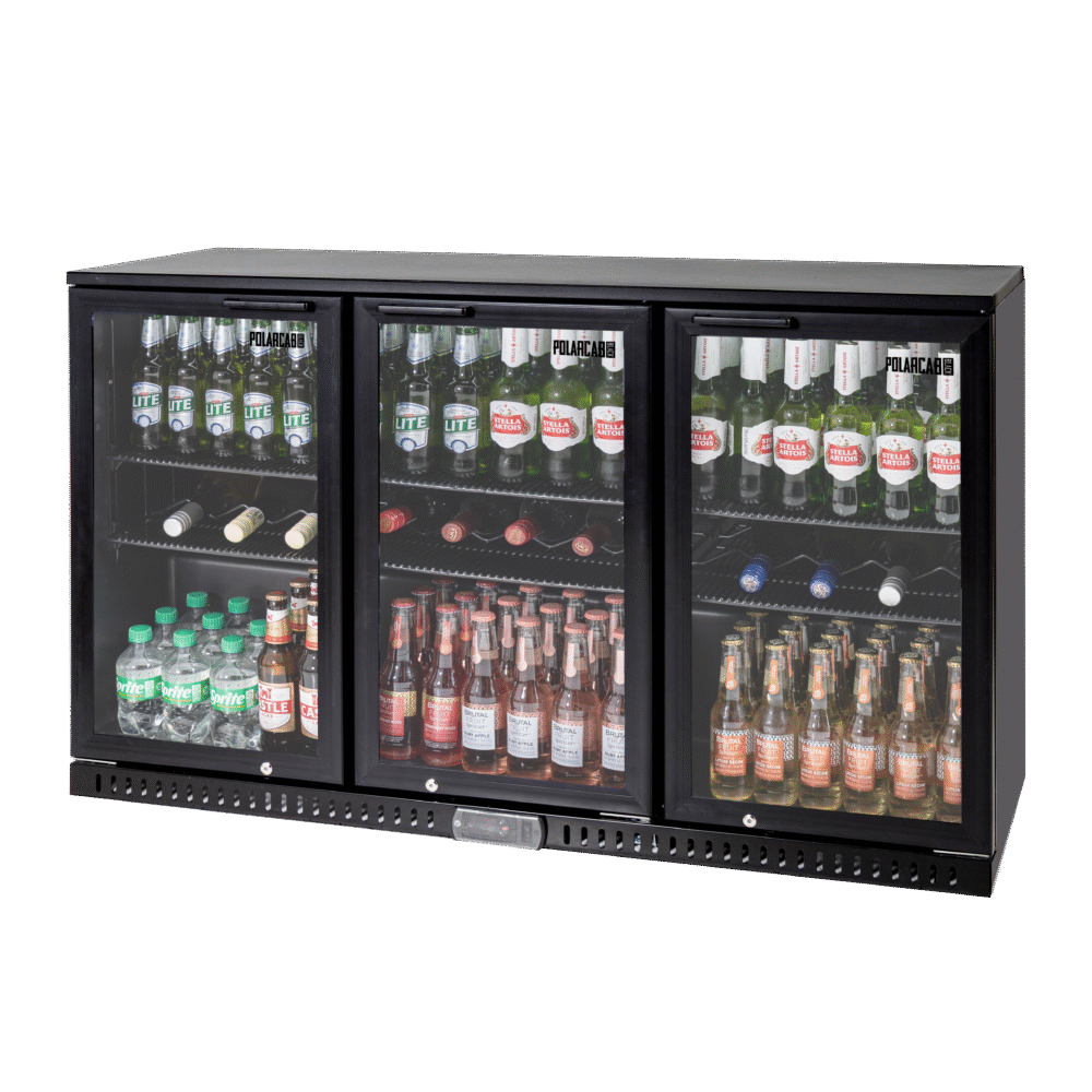 Polarcab Black Back Bar Fridge - 3 Hinged Doors, 297L