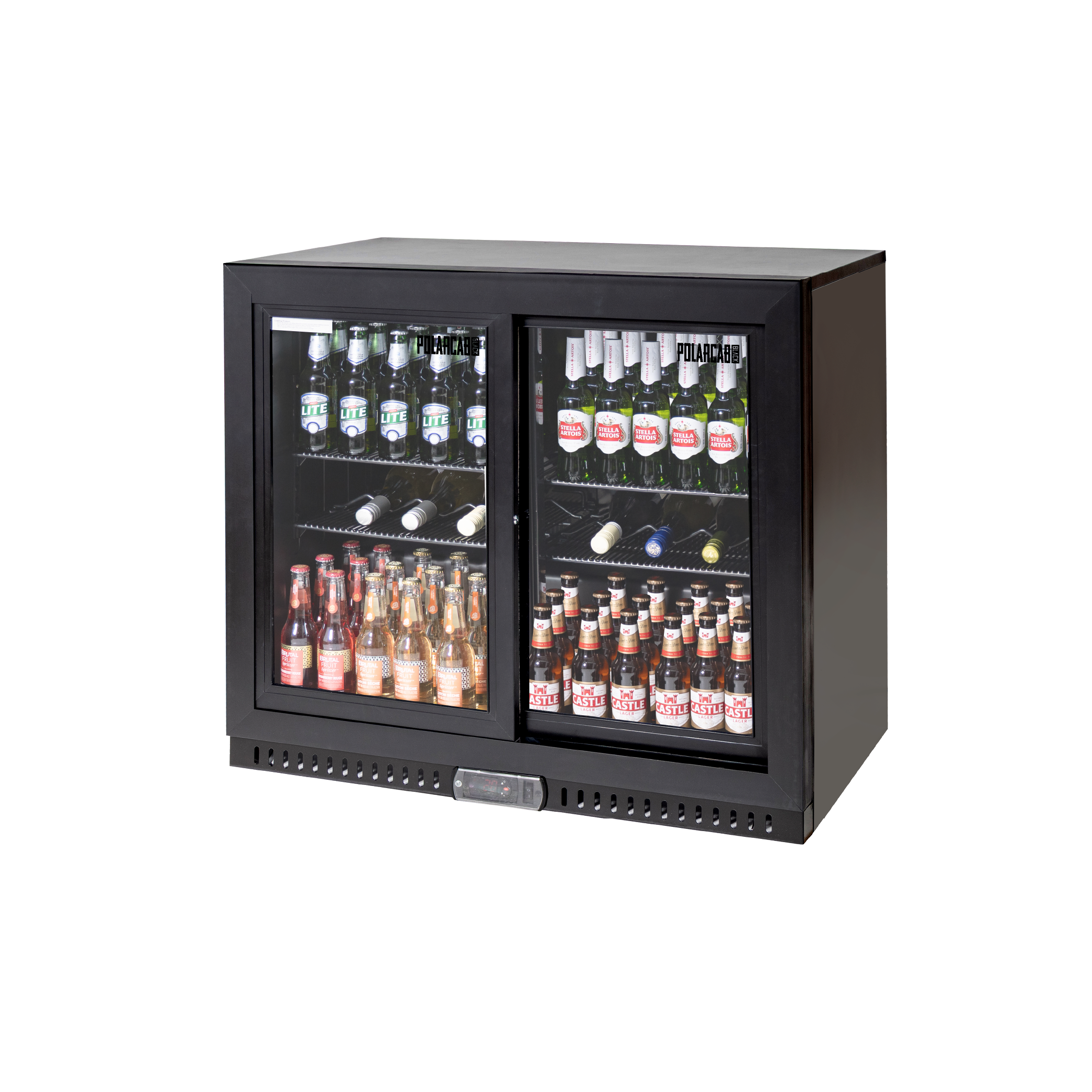 Polarcab Black Back Bar Fridge - 2 Sliding Doors, 192L