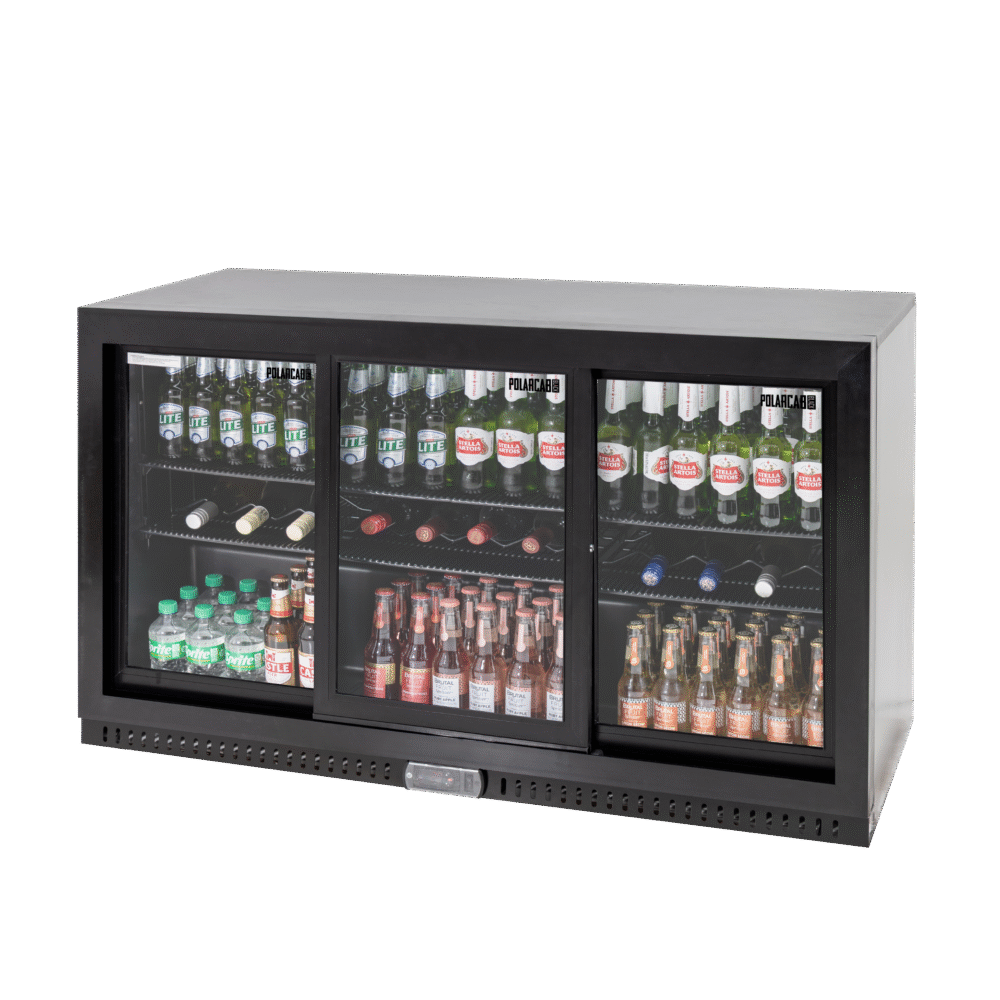 Polarcab Black Back Bar Fridge - 3 Sliding Doors, 297L